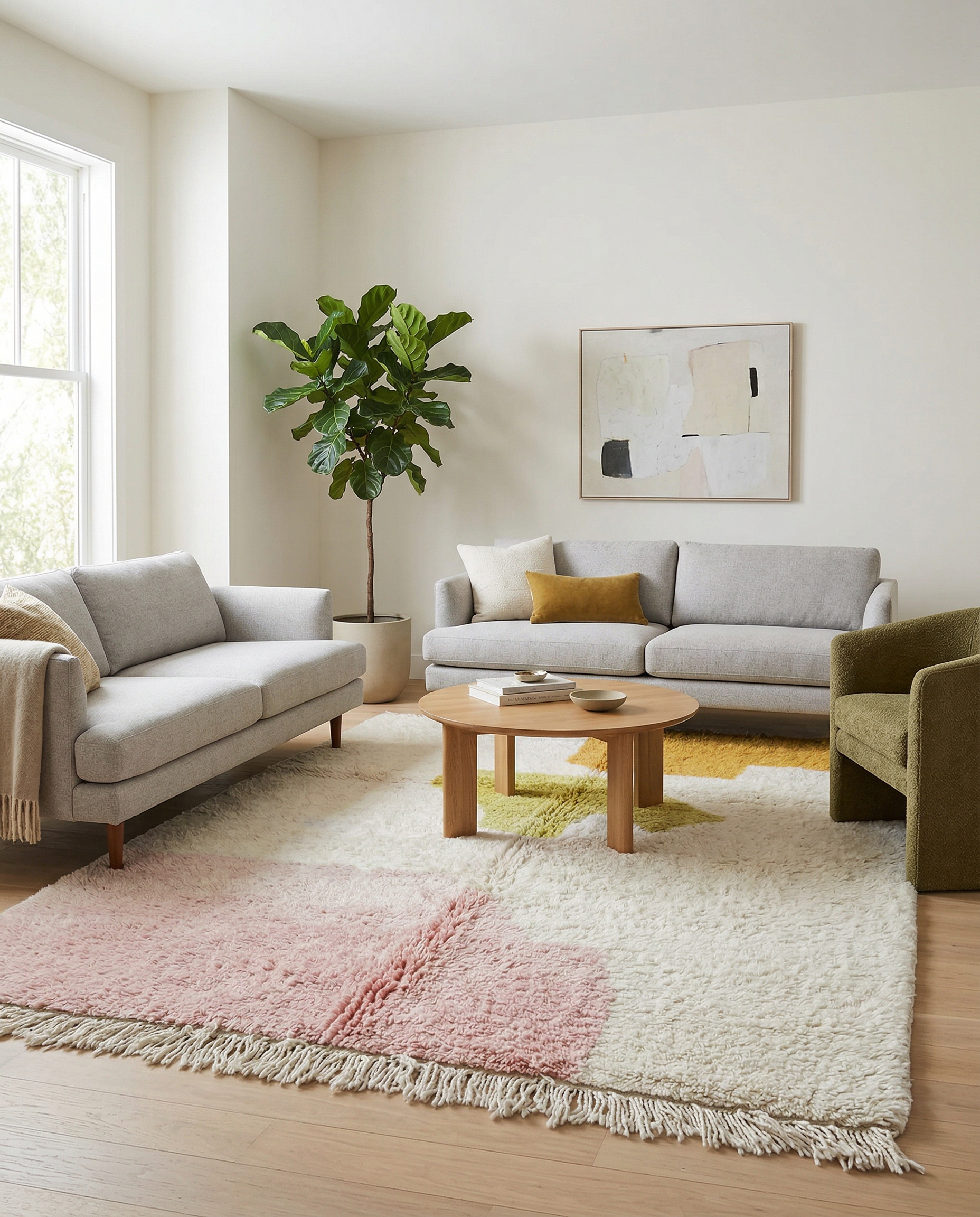Cream abstract Moroccan rug with pink and mustard color blocks in a bright room with a small wooden table, by NURA.
