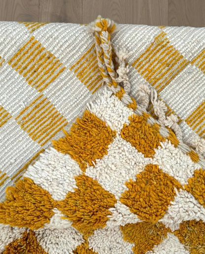MAHA Beni Ourain mustard checker grid Moroccan rug back view showing traditional handwoven construction, by NURA