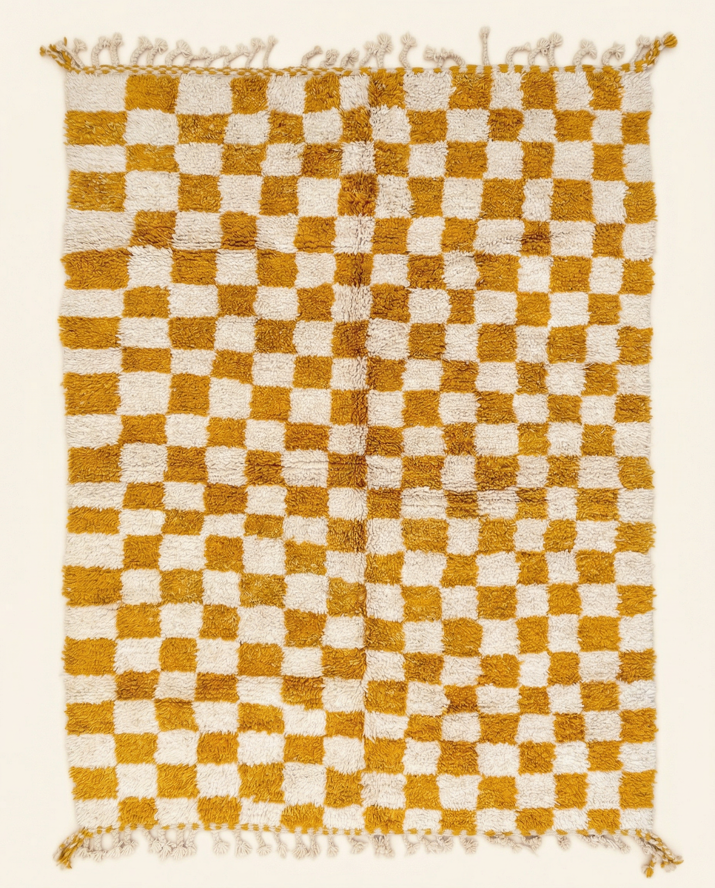 Plush ivory and mustard yellow Beni Ourain Moroccan rug with a bold checkerboard pattern and thick high pile, by NURA.