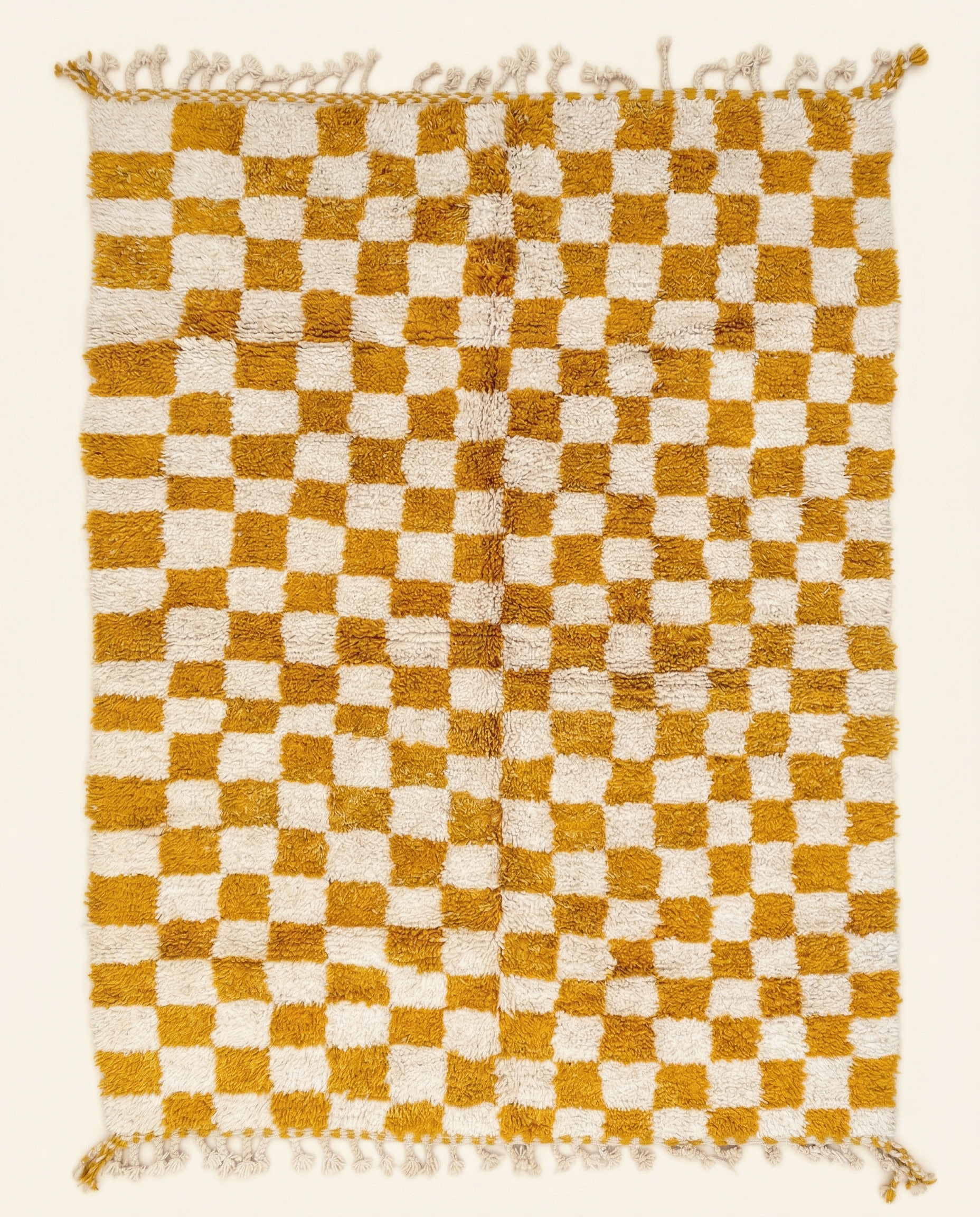 Plush ivory and mustard yellow Beni Ourain Moroccan rug with a bold checkerboard pattern and thick high pile, by NURA.