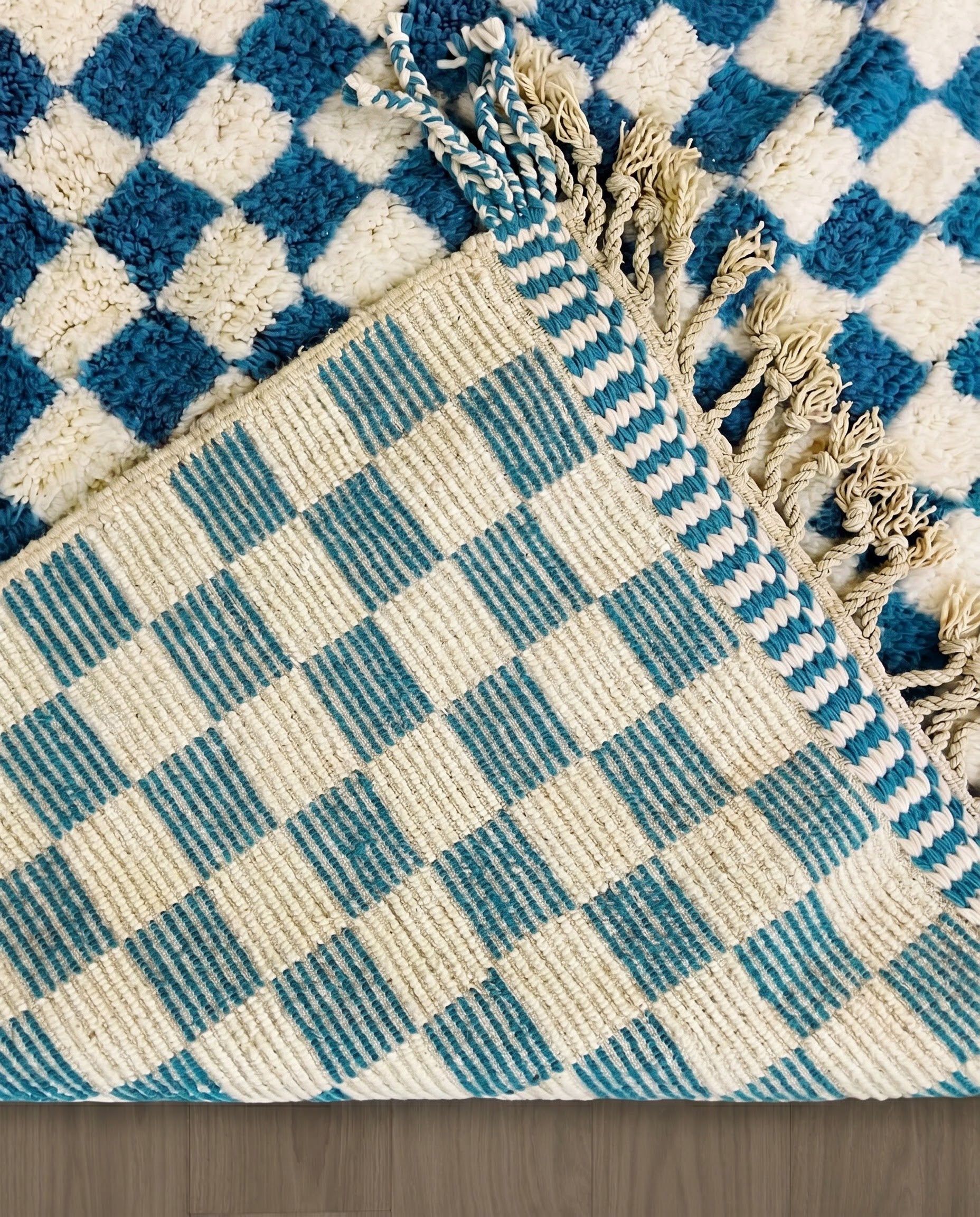 MAJDA Beni Ourain blue checker grid Moroccan rug back view showing traditional handwoven construction, by NURA