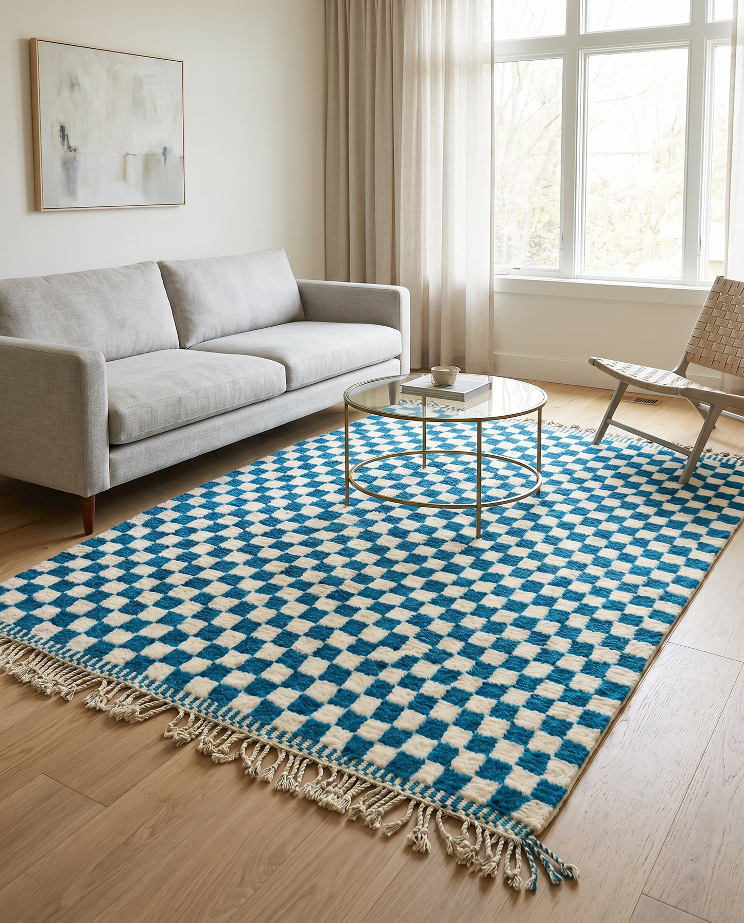 A blue and cream checkerboard Moroccan rug styled in a bright living room with a grey sofa and glass coffee table by NURA.