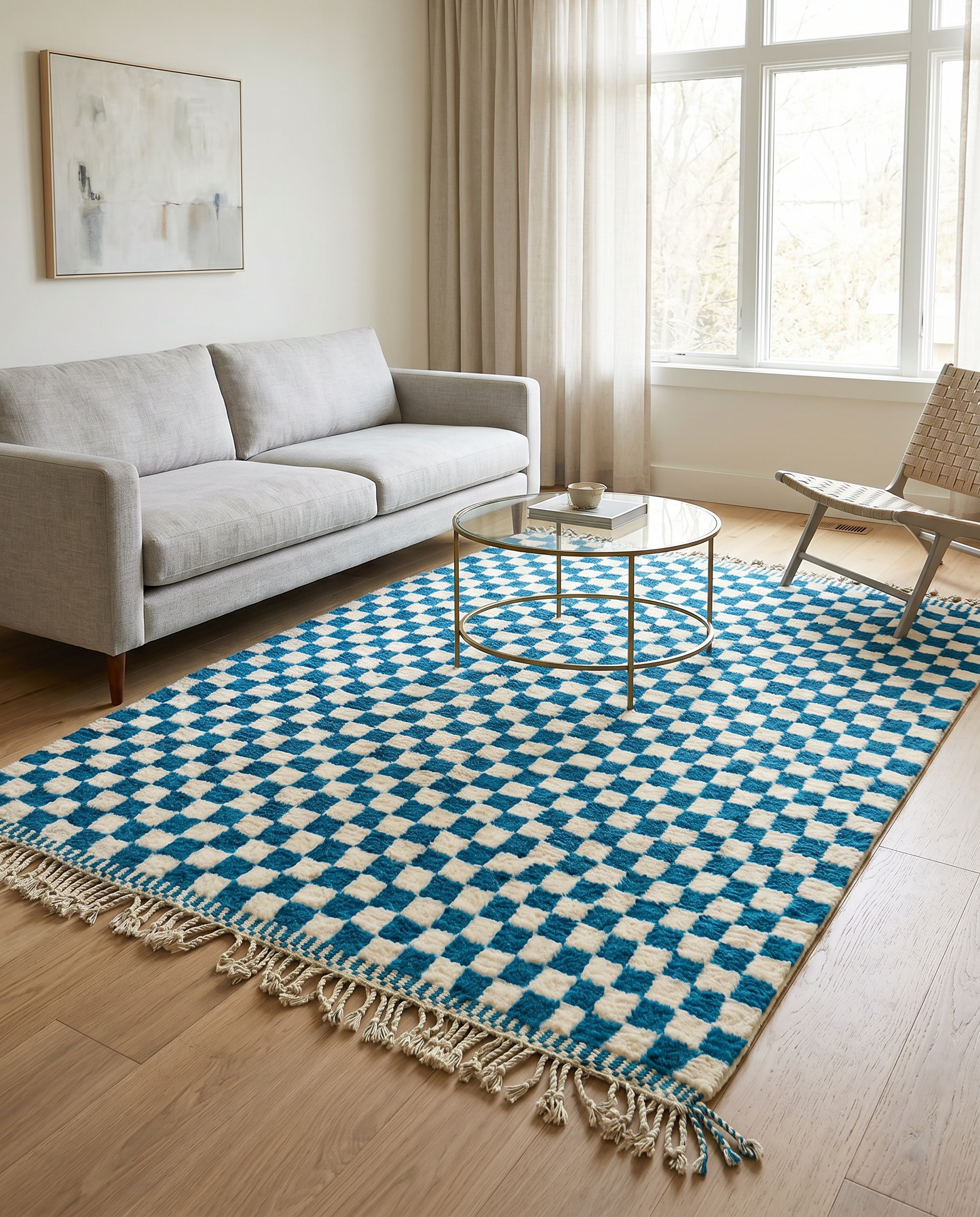 A blue and cream checkerboard Moroccan rug styled in a bright living room with a grey sofa and glass coffee table by NURA.