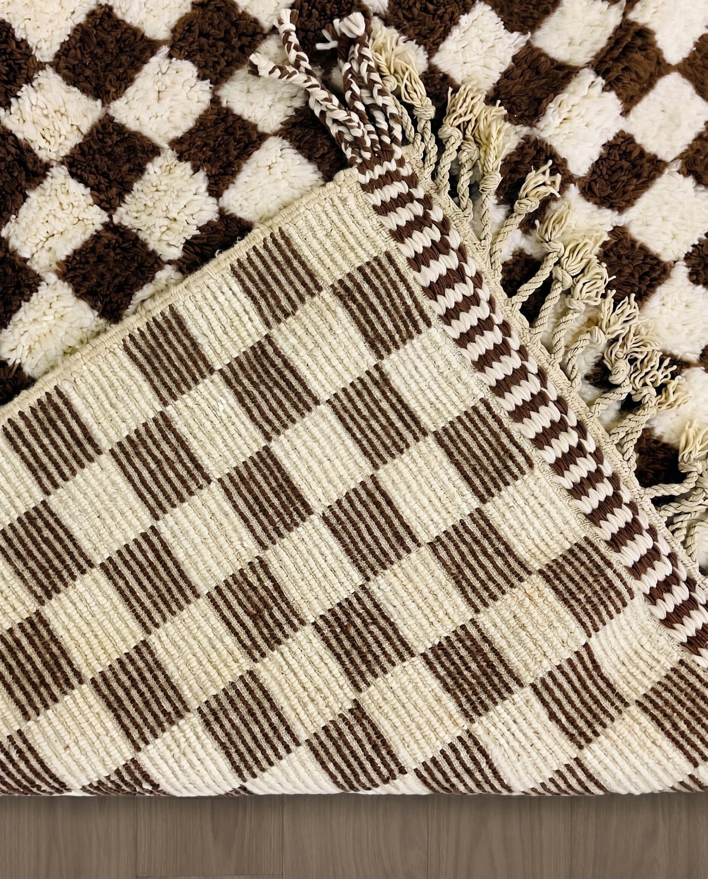 MAJIDA Beni Ourain chocolate checker grid Moroccan rug back view showing traditional handwoven construction, by NURA