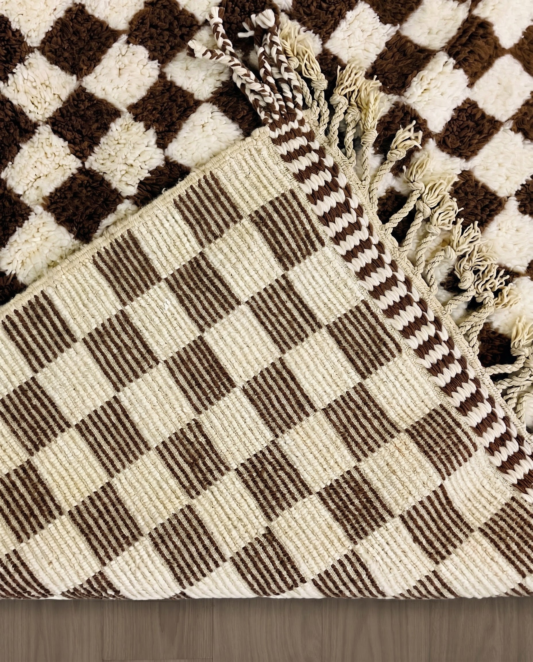 MAJIDA Beni Ourain chocolate checker grid Moroccan rug back view showing traditional handwoven construction, by NURA