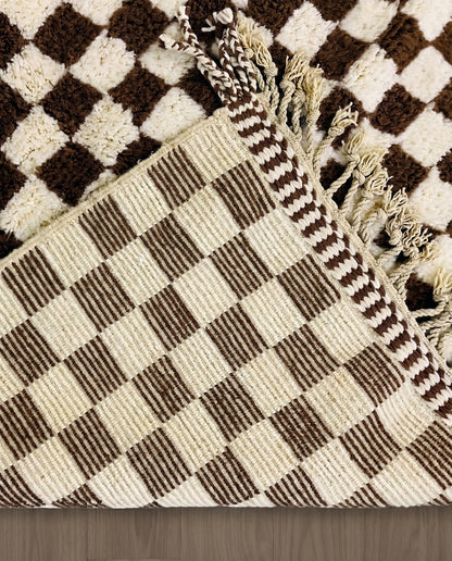 MAJIDA Beni Ourain chocolate checker grid Moroccan rug back view showing traditional handwoven construction, by NURA