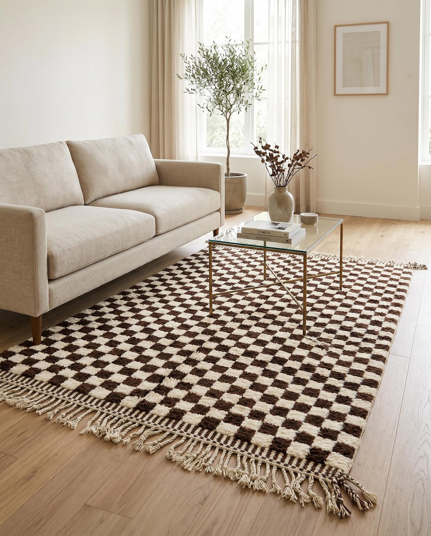 Chocolate and cream checkerboard Moroccan rug by NURA styled in a modern living room, adding plush texture and bold contrast.