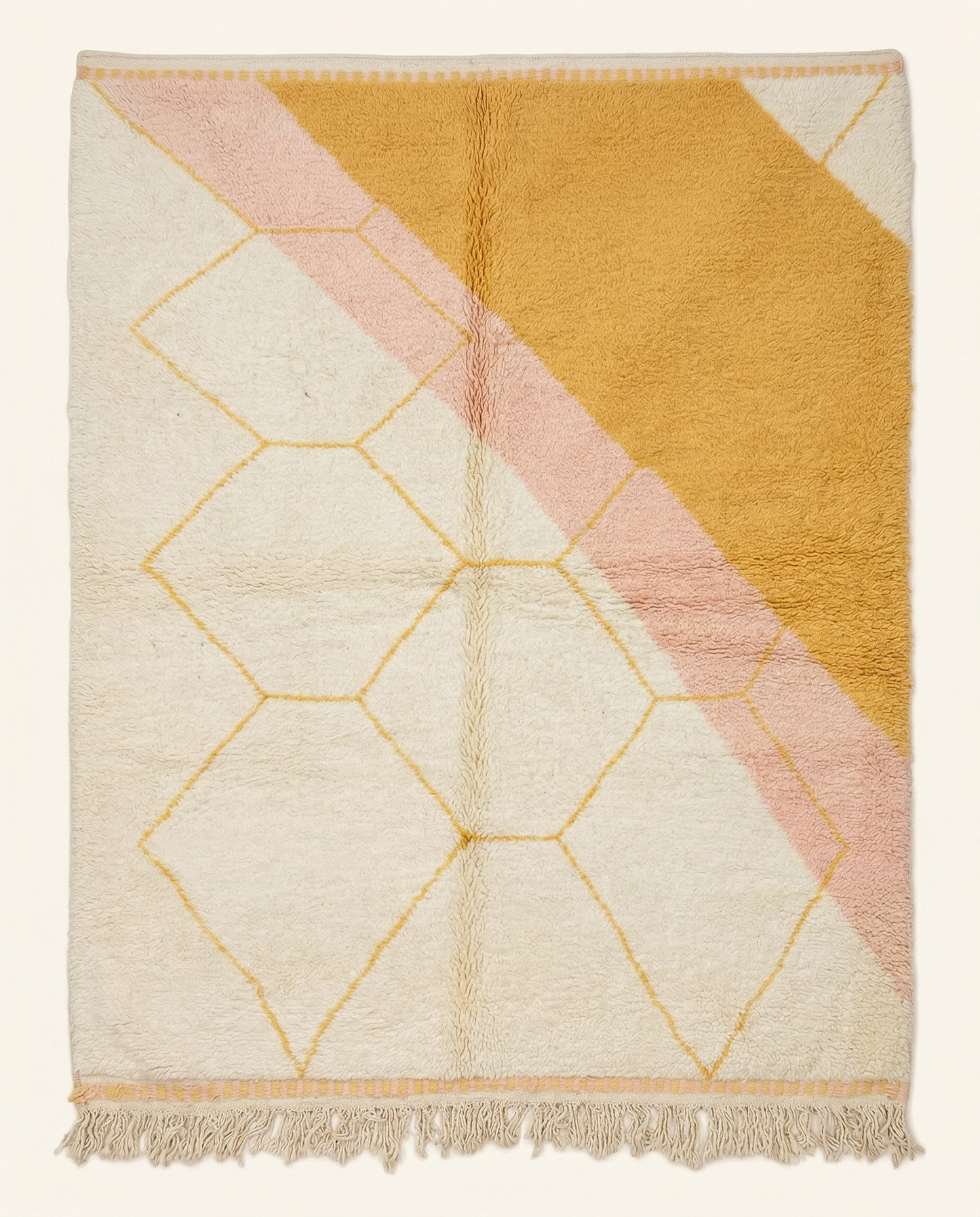 Plush cream Beni Ourain Moroccan rug with mustard and blush abstract color blocks and a thick high pile, by NURA.