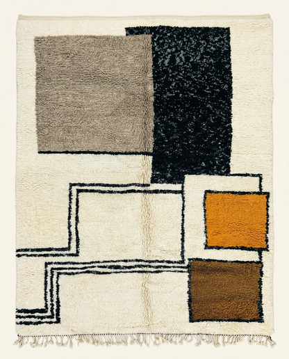 Plush ivory Azilal Moroccan rug with bold abstract color blocks in black, rust, and taupe, by NURA.