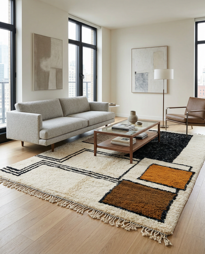 Ivory abstract Moroccan rug with bold color blocks in a minimal room setting with a potted plant, by NURA.
