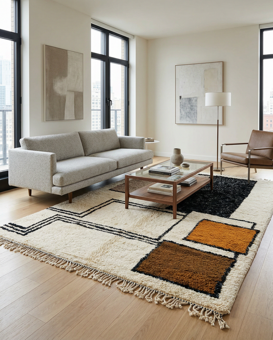 Ivory abstract Moroccan rug with bold color blocks in a minimal room setting with a potted plant, by NURA.