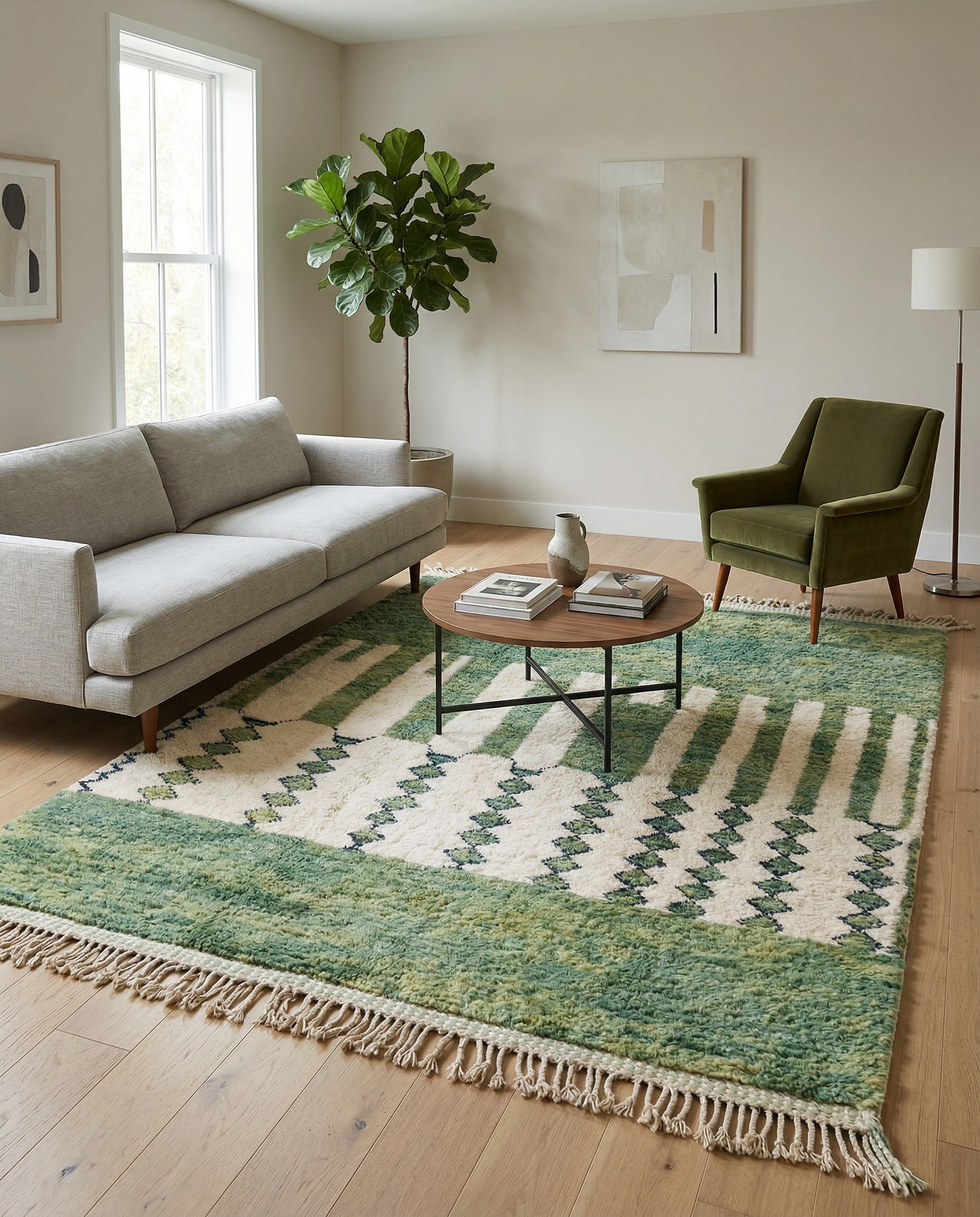 Sage green and cream abstract Moroccan rug with bold vertical stripes in a bright studio setting with a potted plant, by NURA.