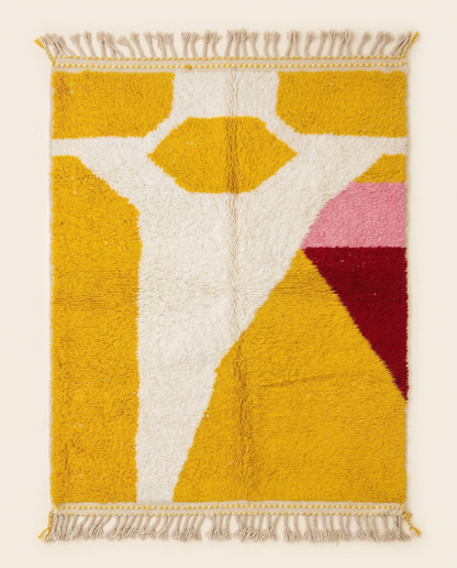 Plush saffron yellow Beni Ourain Moroccan rug with a bold ivory abstract motif and pink color blocks, by NURA.