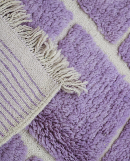 MASSA Mrirt lavender checker grid Moroccan rug close-up showing hand-knotted wool texture and pile detail 1, by NURA
