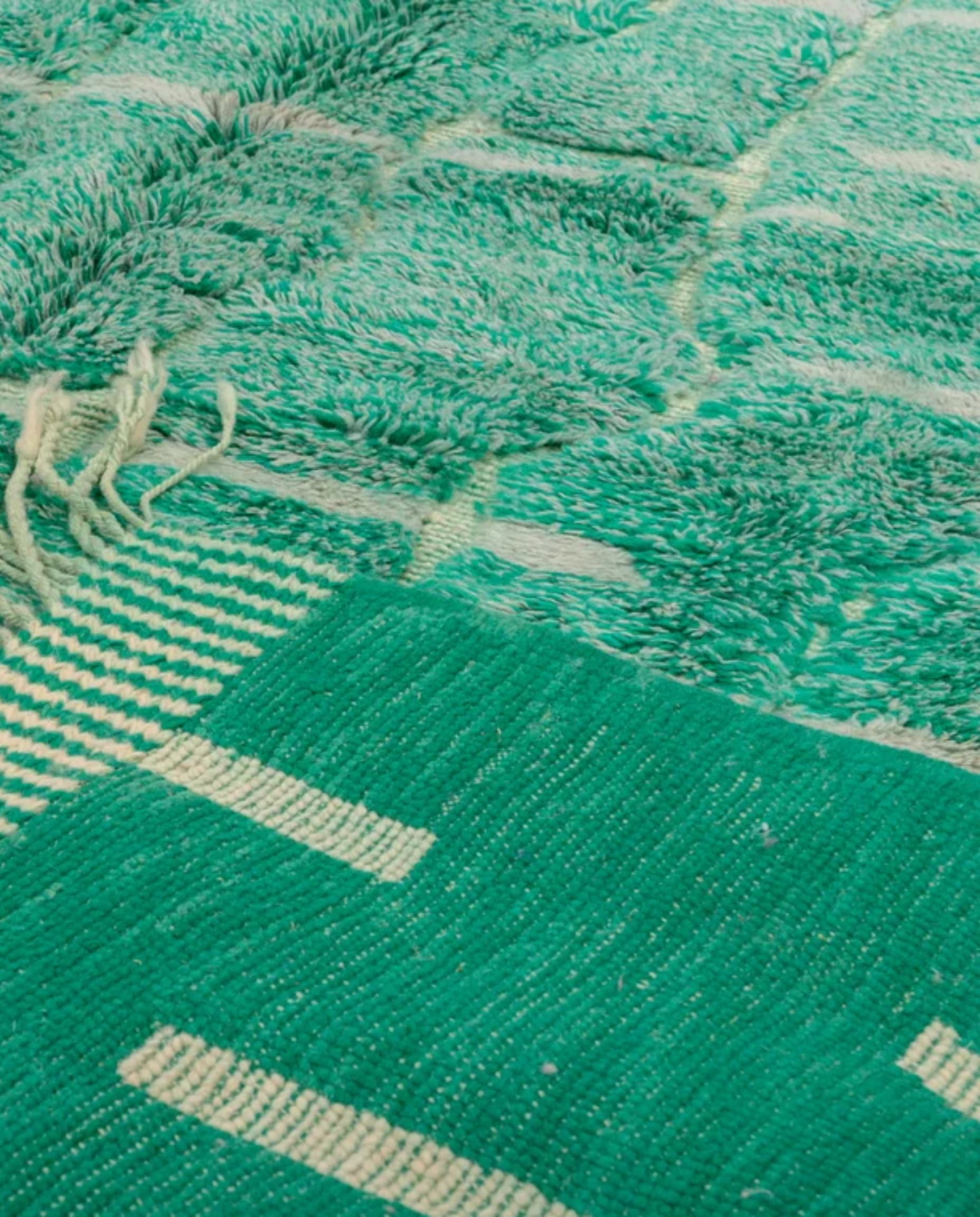 MAYSAA Beni Ourain emerald irregular grid Moroccan rug back view showing traditional handwoven construction, by NURA