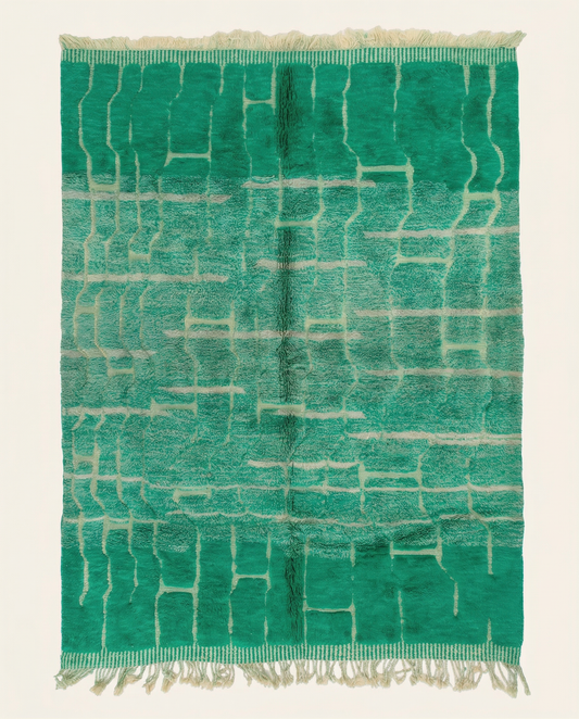 Plush emerald green Beni Ourain Moroccan rug with an irregular cream geometric grid and high pile, by NURA.