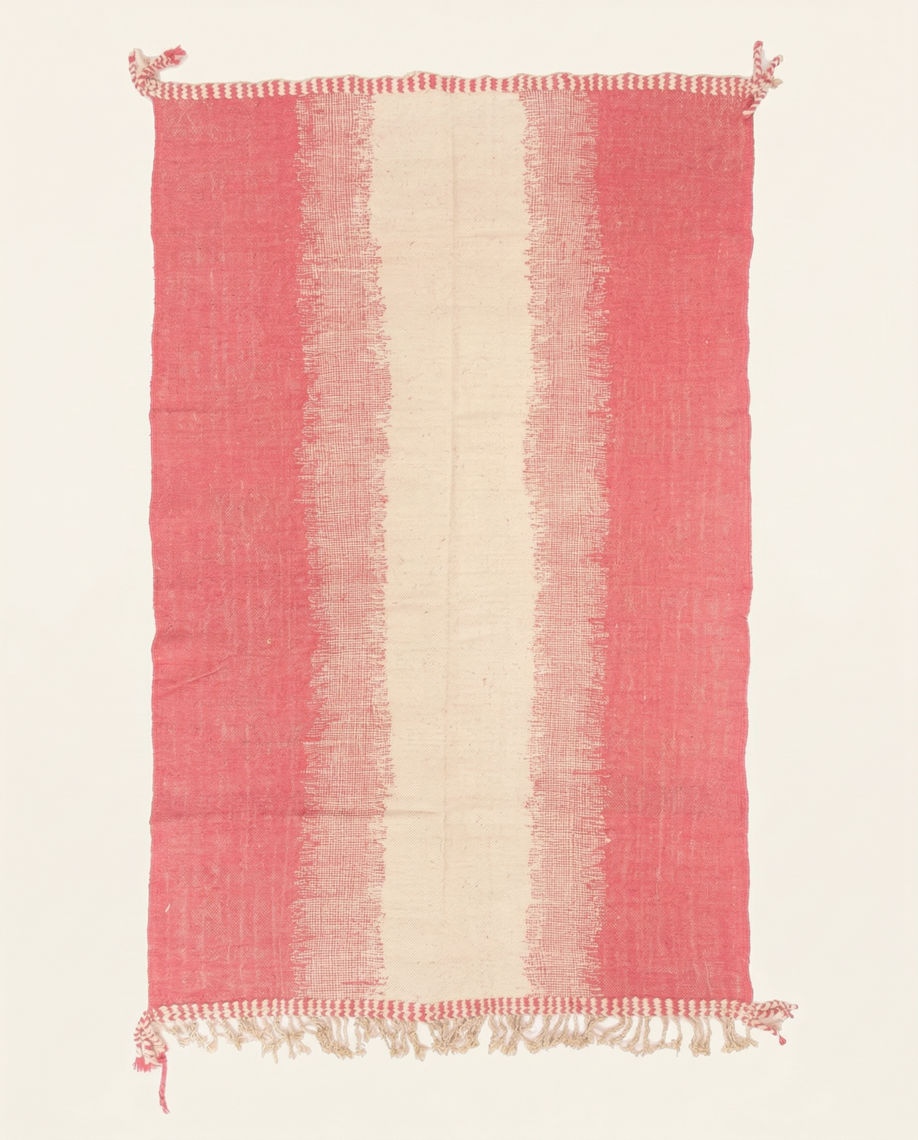 Vibrant hot pink and cream Boujad Moroccan flatweave rug with bold vertical stripes and braided fringes, by NURA.