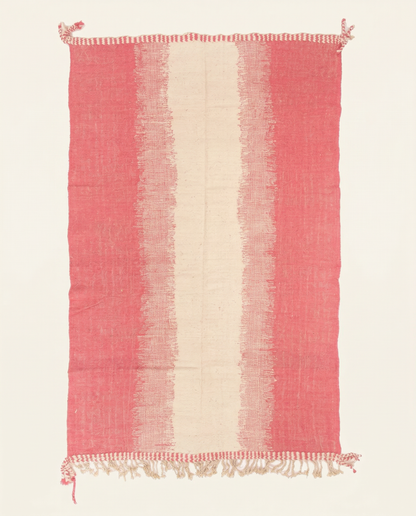 Vibrant hot pink and cream Boujad Moroccan flatweave rug with bold vertical stripes and braided fringes, by NURA.