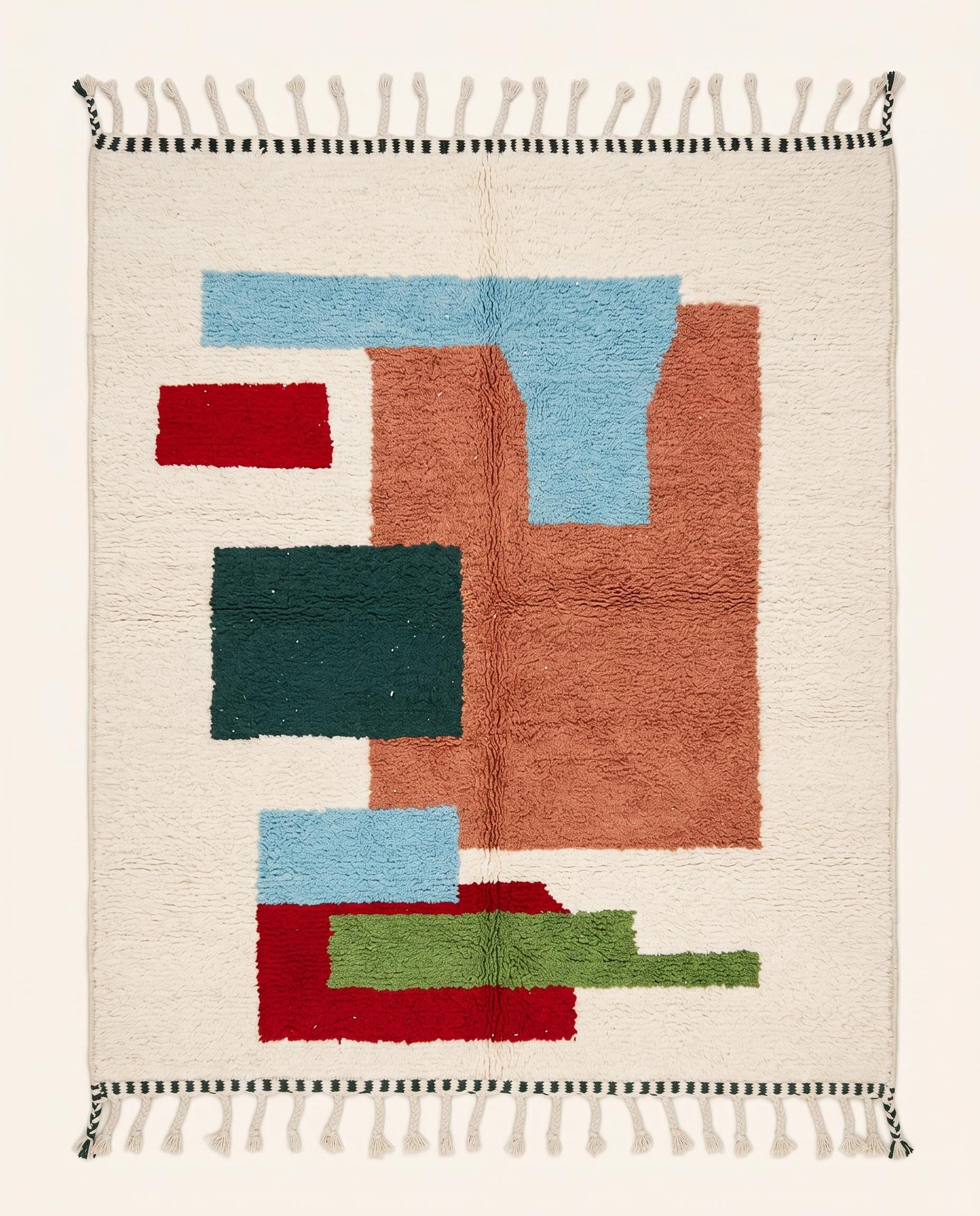 Plush Moroccan wool rug featuring vibrant abstract color blocks in terracotta, teal, green, and red on a cream background by NURA.