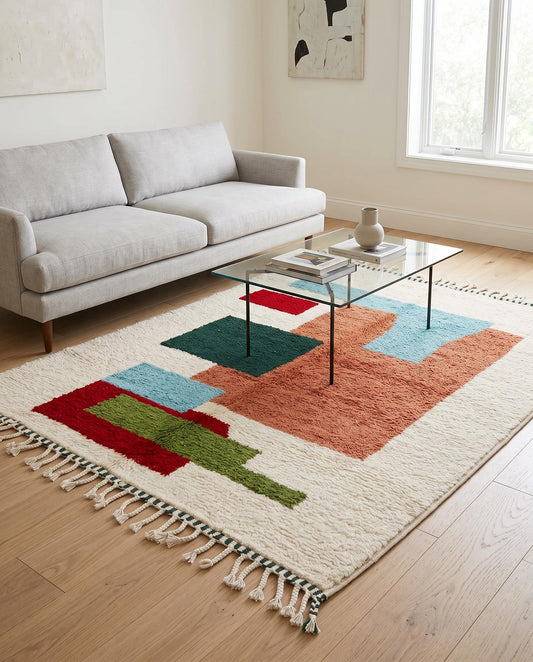 Vibrant color block Moroccan rug by NURA styled in a modern living room, adding bold terracotta and teal accents to the space.