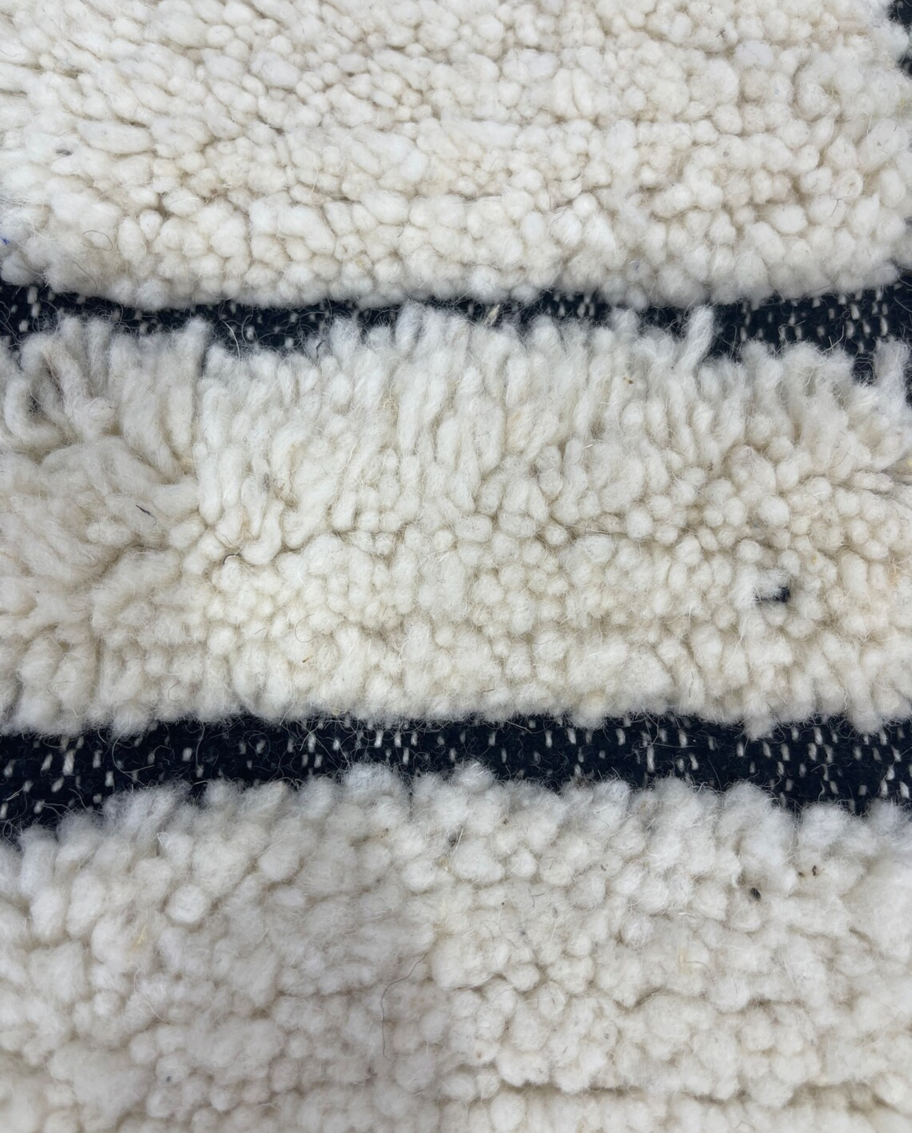 MERIEM Beni Ourain ivory abstract block grid Moroccan rug close-up showing hand-knotted wool texture and pile detail 2, by NURA