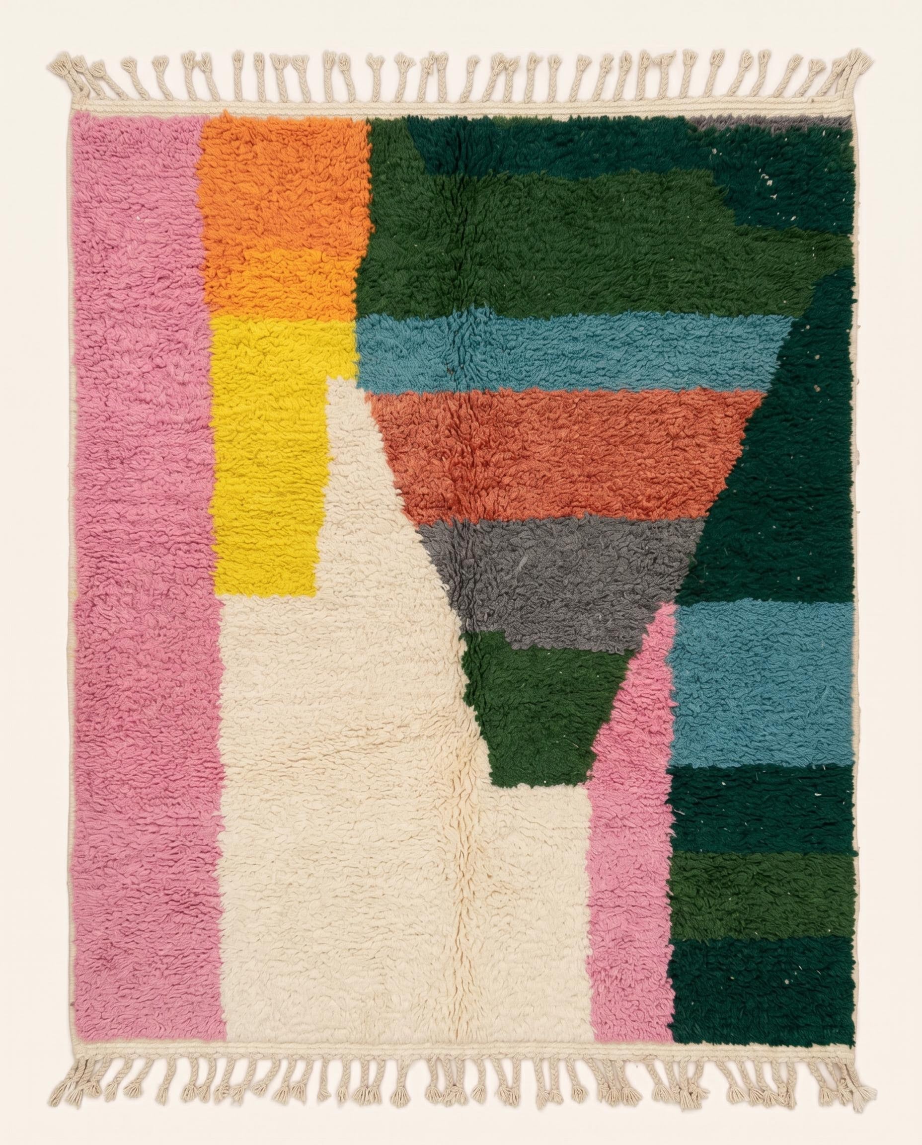 A vibrant Moroccan rug featuring a modern color block pattern in pink, green, blue, and orange wool pile, crafted by NURA.