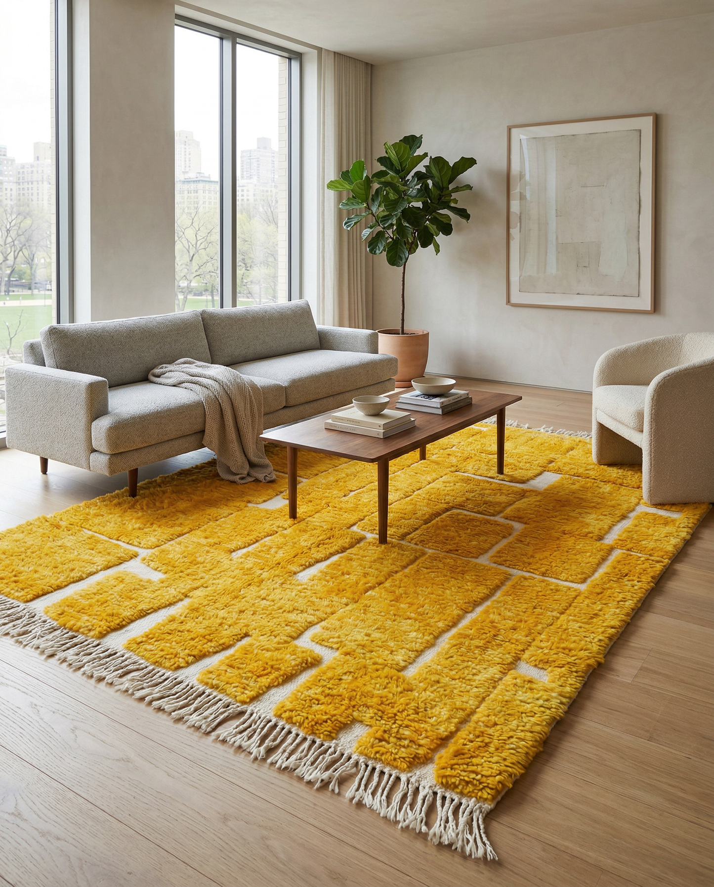 Vibrant saffron and cream Moroccan rug with a raised geometric block pattern displayed on a showroom floor, by NURA.