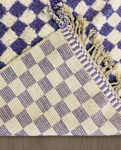 MOUNA Beni Ourain violet checker grid Moroccan rug back view showing traditional handwoven construction, by NURA