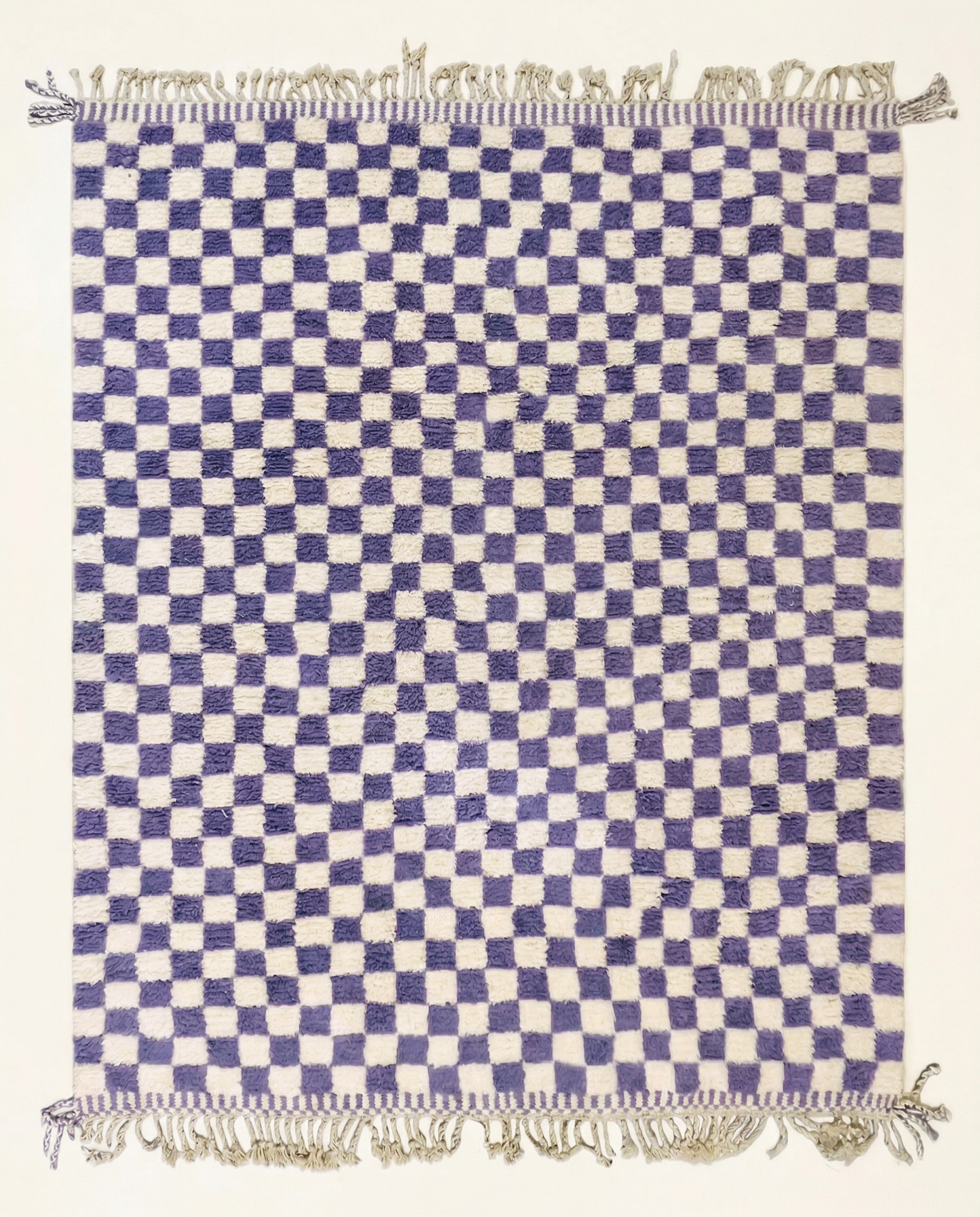 Plush cream and violet Beni Ourain Moroccan rug with a bold checker grid and high pile, by NURA.
