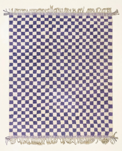 Plush cream and violet Beni Ourain Moroccan rug with a bold checker grid and high pile, by NURA.