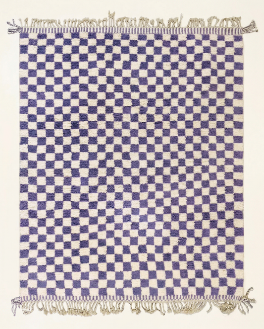 Plush cream and violet Beni Ourain Moroccan rug with a bold checker grid and high pile, by NURA.