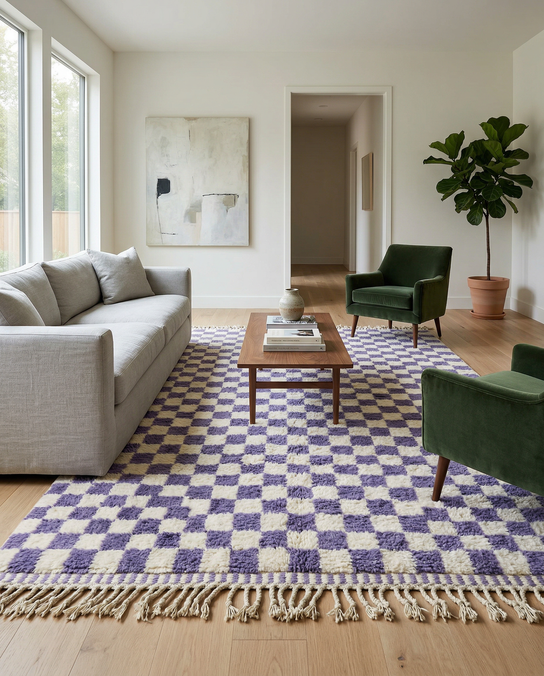 Violet and cream checkerboard Moroccan rug in a bright room with yellow walls and a potted plant, by NURA.