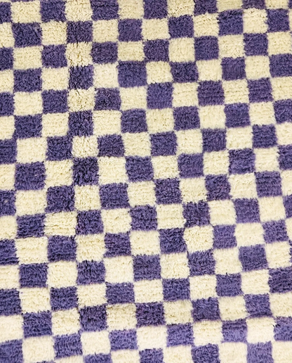 MOUNA Beni Ourain violet checker grid Moroccan rug close-up showing hand-knotted wool texture and pile detail 1, by NURA