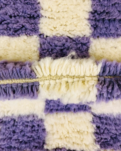 MOUNA Beni Ourain violet checker grid Moroccan rug close-up showing hand-knotted wool texture and pile detail 3, by NURA