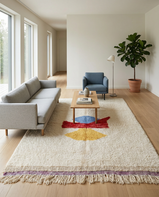 Ivory Azilal Moroccan rug with bold red, blue, and yellow abstract shapes in a bright, airy room setting, by NURA.