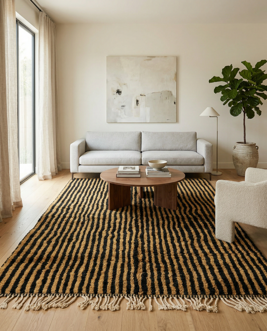 Bold striped camel and black Moroccan rug in a bright room with a yellow textured wall and patterned accent chair, by NURA.