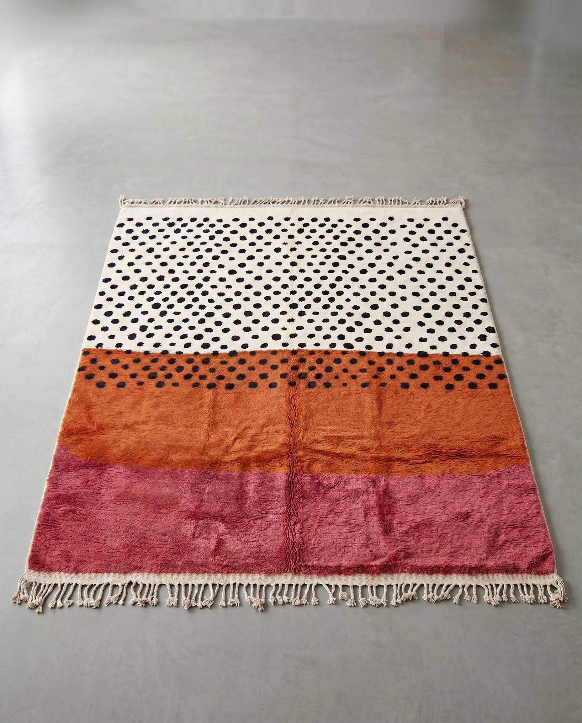 NAFISSA Azilal cream color block dots Moroccan rug displayed on a parquet wood floor, showing full fringe and edge detail, by NURA