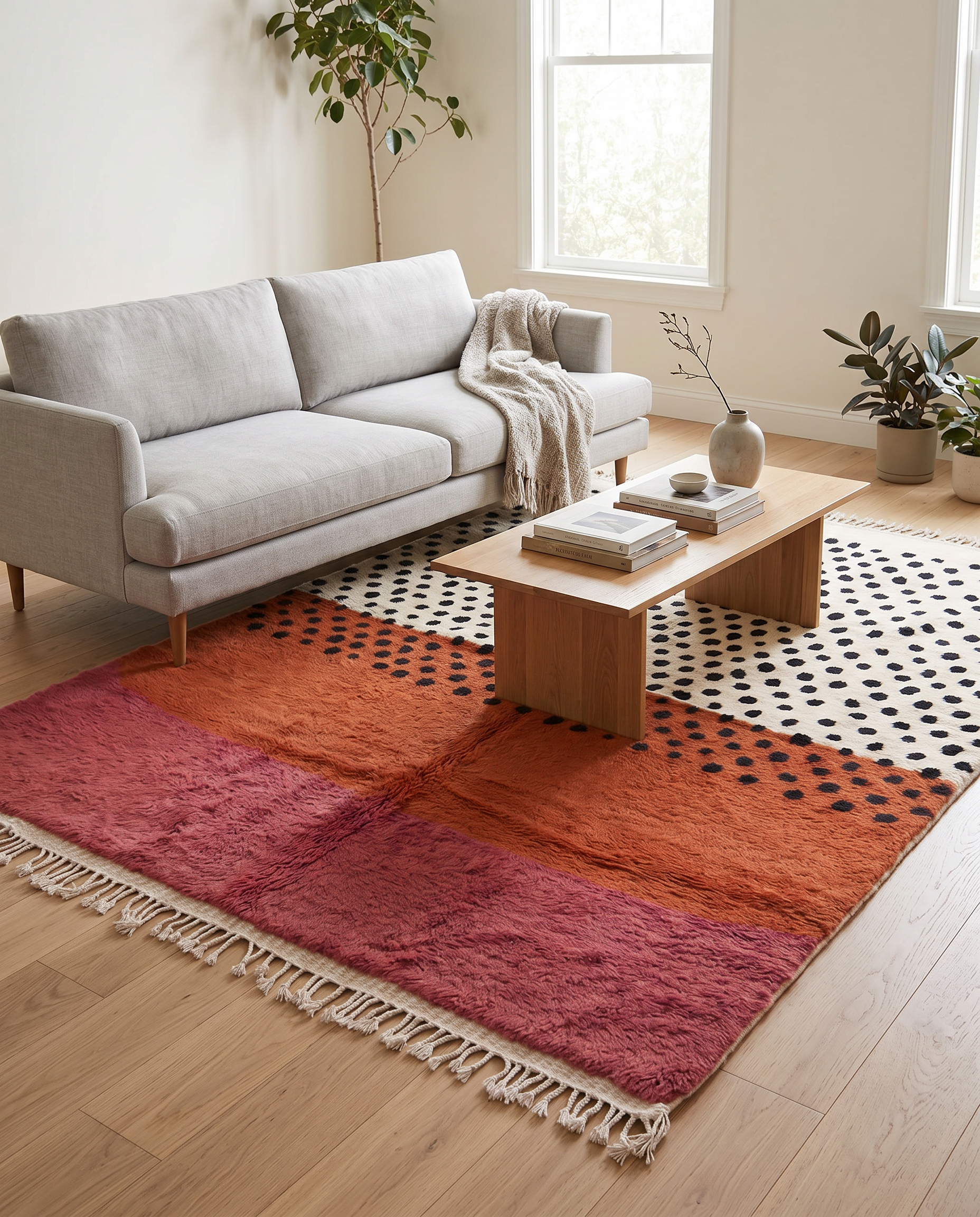 Cream and terracotta color-blocked Moroccan rug with scattered dots in a bright living room with a light sofa, by NURA.