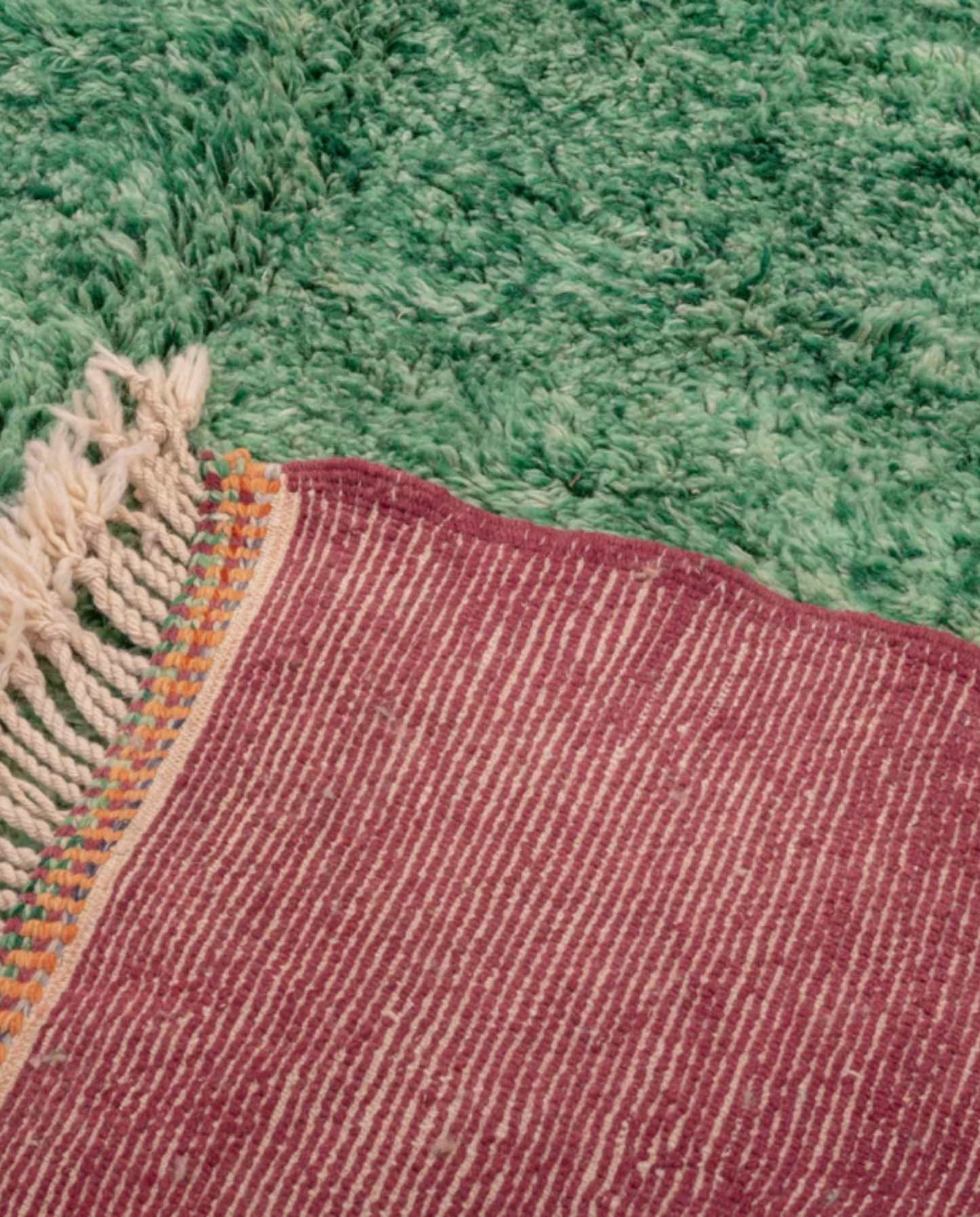 NAILA Azilal green abstract color block Moroccan rug back view showing traditional handwoven construction, by NURA