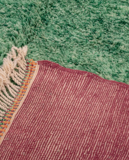 NAILA Azilal green abstract color block Moroccan rug back view showing traditional handwoven construction, by NURA