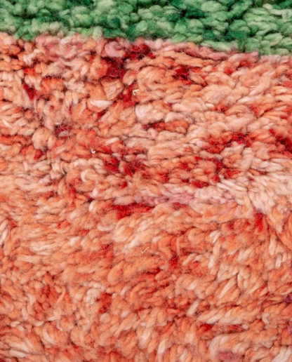 NAILA Azilal green abstract color block Moroccan rug close-up showing hand-knotted wool texture and pile detail, by NURA