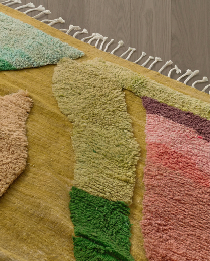 NAIMA Azilal mustard organic abstract field Moroccan rug close-up of hand-tied fringe and kilim band detail, by NURA