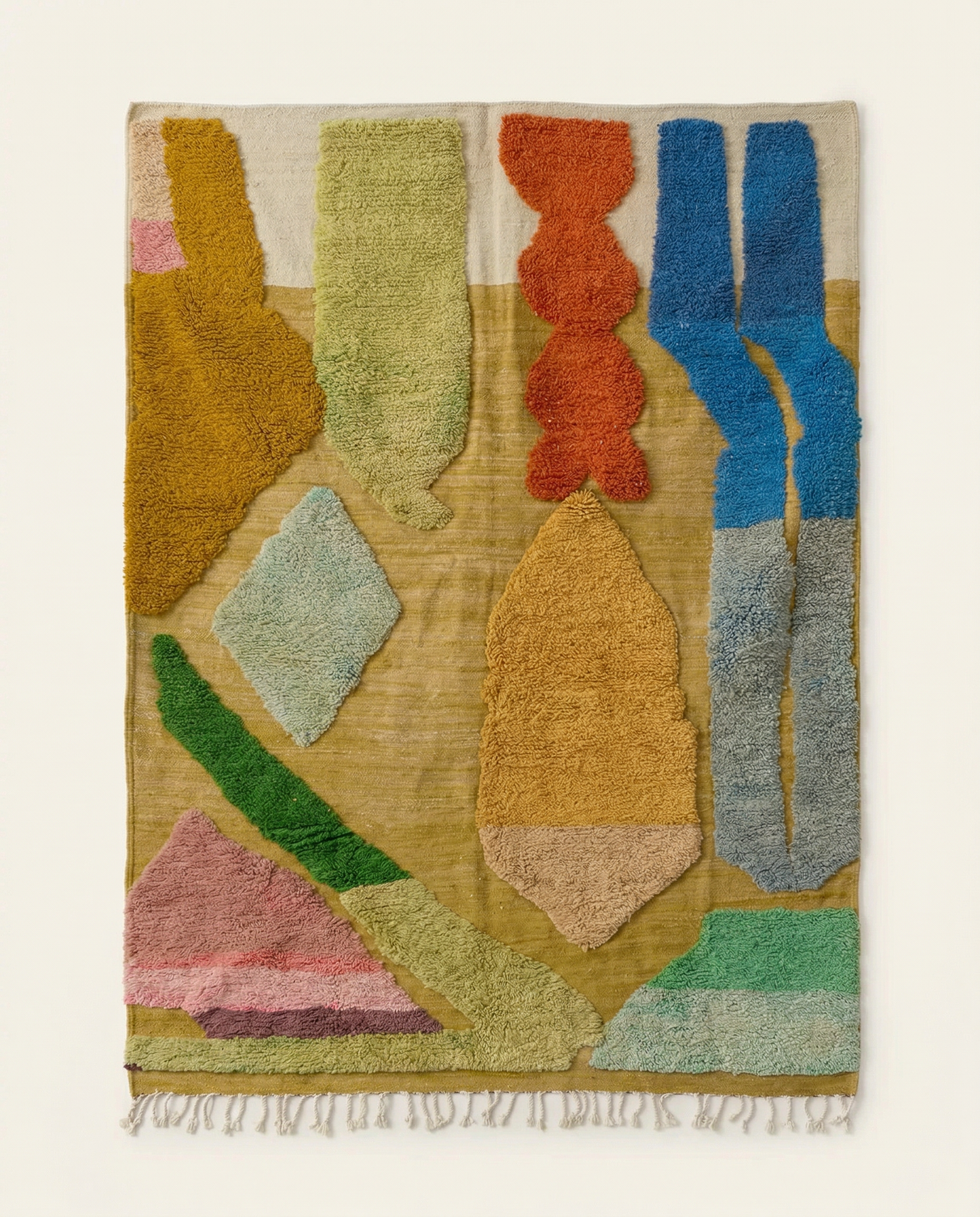 Plush mustard yellow Azilal Moroccan rug with bold abstract floating forms in cobalt and terracotta, by NURA.