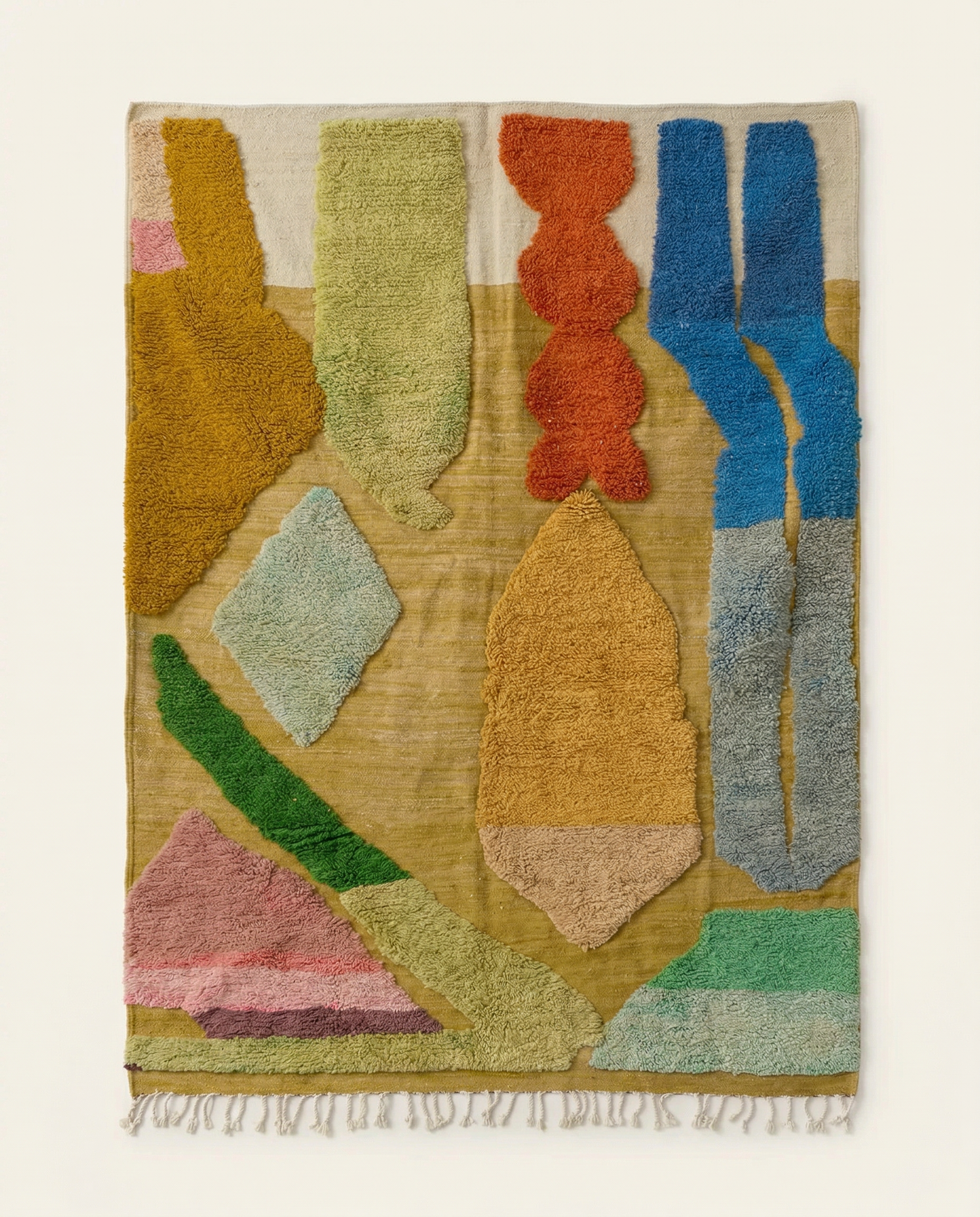 Plush mustard yellow Azilal Moroccan rug with bold abstract floating forms in cobalt and terracotta, by NURA.