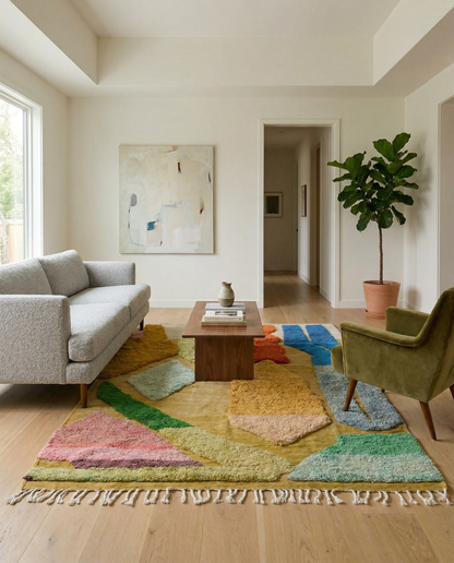 Mustard yellow abstract Moroccan rug with bold floating forms in a bright modern living room with a light grey sofa, by NURA.