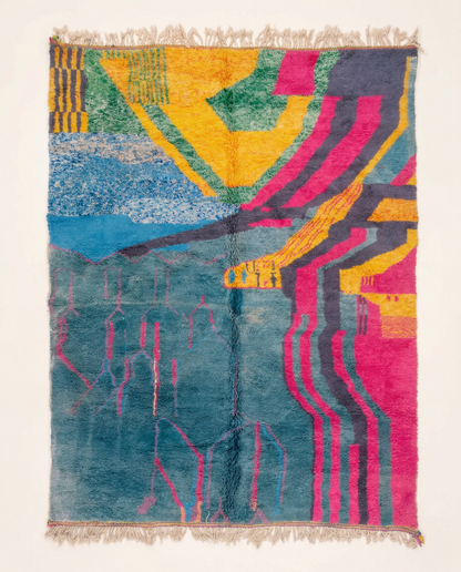 Plush slate blue Azilal Moroccan rug with bold hot pink and yellow abstract color blocks and a thick high pile, by NURA.
