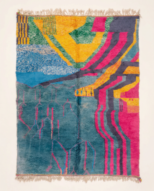 Plush slate blue Azilal Moroccan rug with bold hot pink and yellow abstract color blocks and a thick high pile, by NURA.