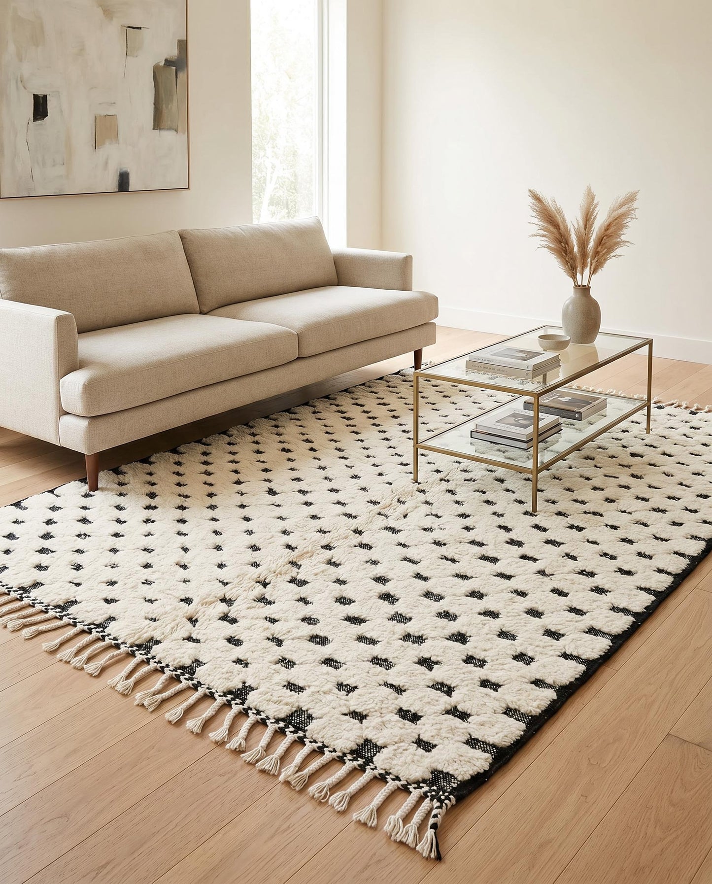 A plush cream and black dotted Moroccan rug styled in a bright, modern living room with contemporary furniture by NURA.