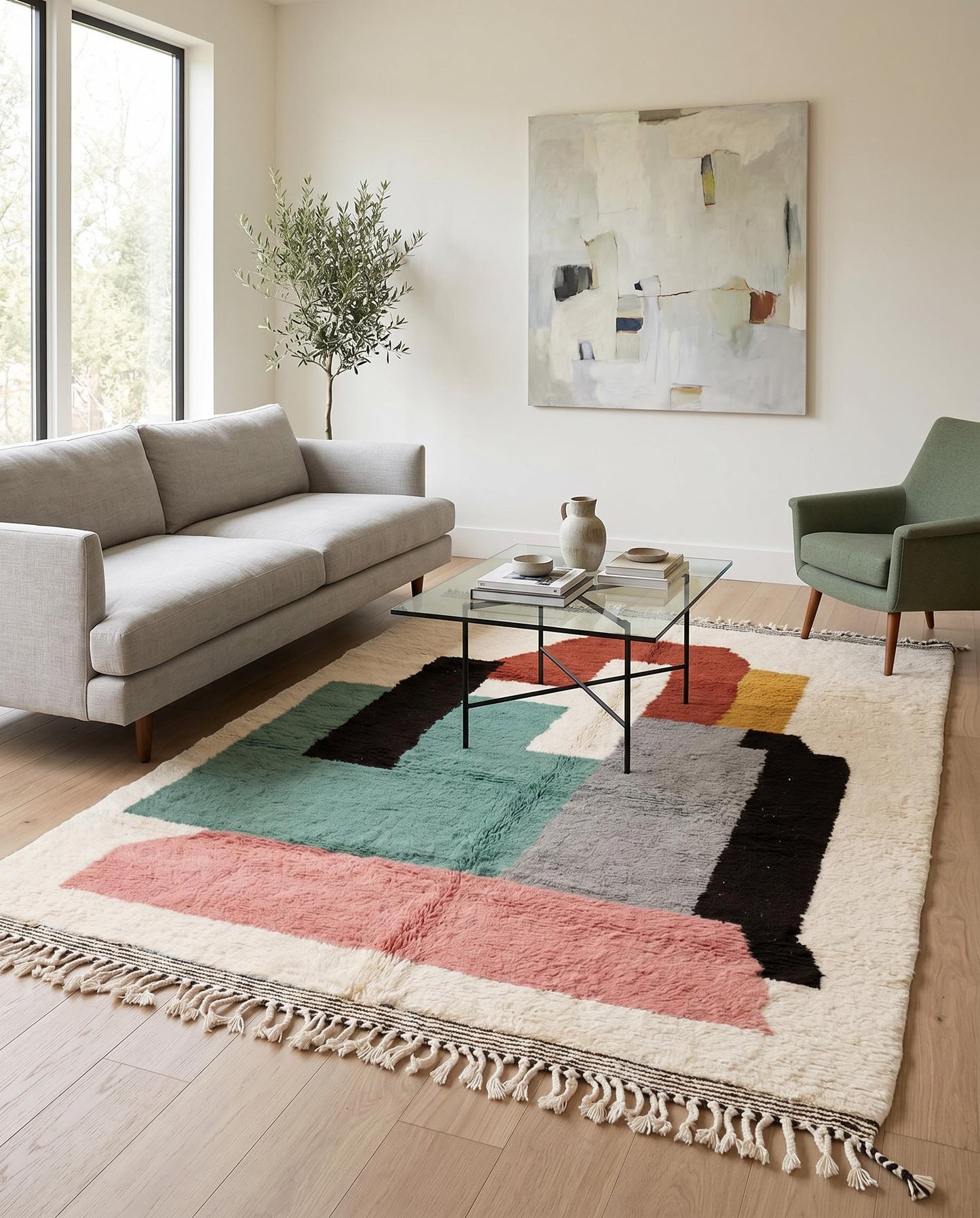 A vibrant abstract Azilal Moroccan rug by NURA with colorful geometric shapes, styled in a bright contemporary living room.