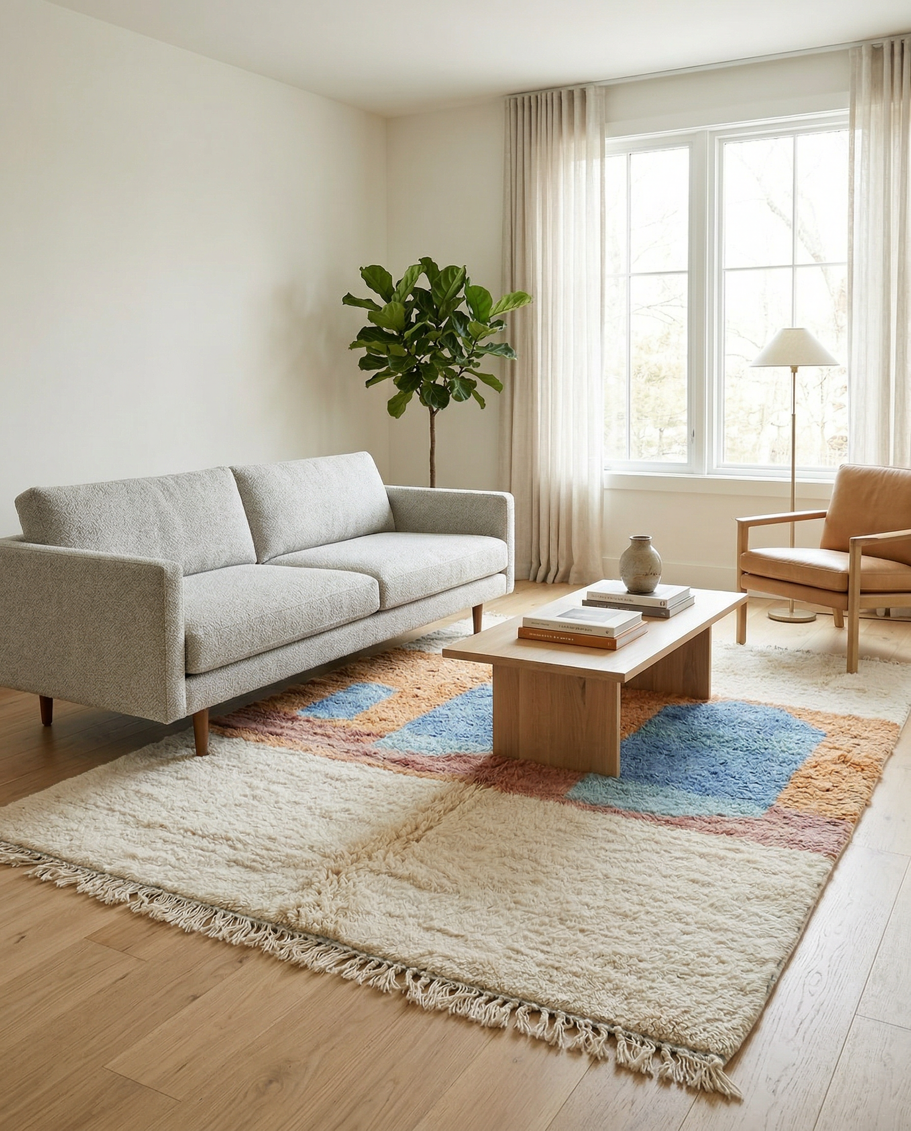 Bold abstract color block Moroccan rug in cream, terracotta, and blue in a bright room with a small wooden table and rattan chairs, by NURA.